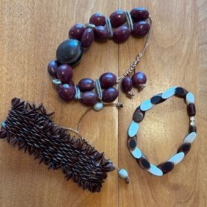 Three bracelet bundle - natural wood, pods, shells